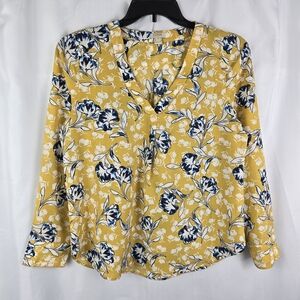 J. Crew Mustard Yellow Floral Long Sleeve V-Neck Pop Over Blouse Top Size Medium